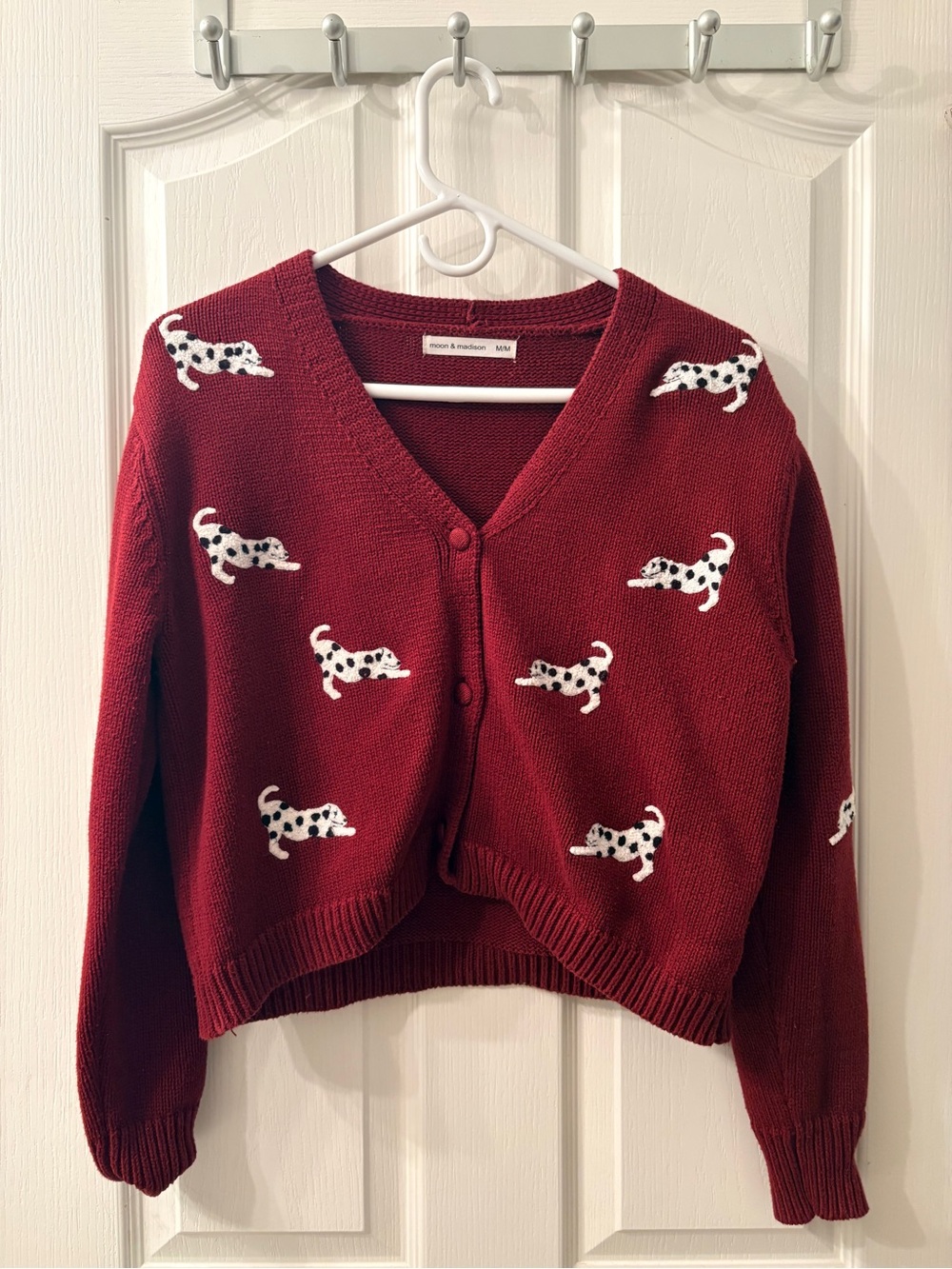 moon & madison Burgundy V-Neck Dalmatian-Print Cardigan